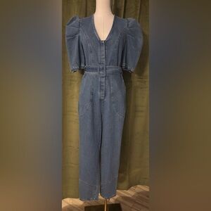 Privy Elegant Blue Denim Women's puff sleeve jumpsuit, S